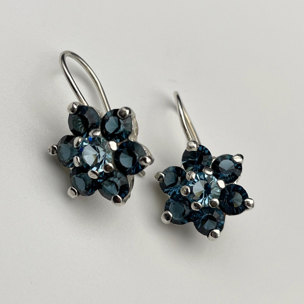 Sterling Silver Blue Topaz Color CZ Petite Flower Drop Earrings Elegant Dainty - Picture 4 of 7